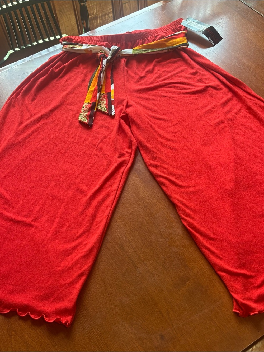 Red Wide-Leg Knit Pants with Decorative Tie Waist